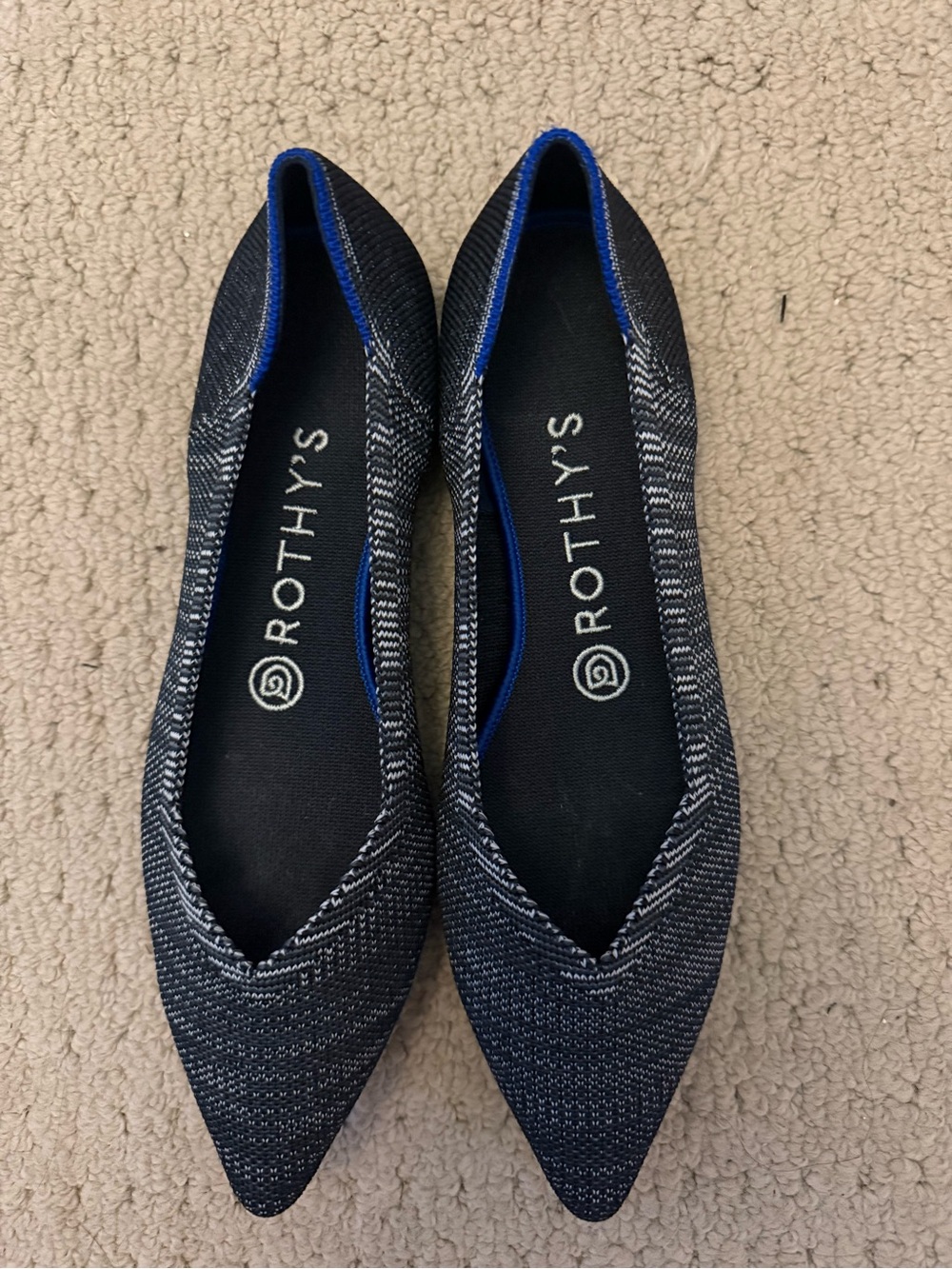 Rothy's black/white Pointed Knit Flats with Royal Blue Trim